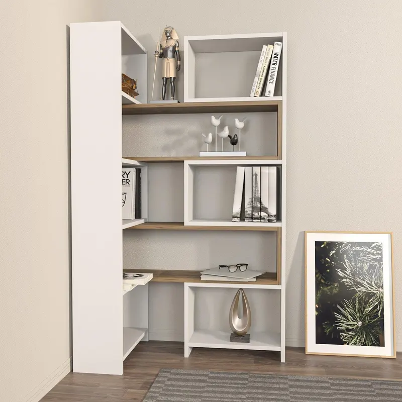 Bibliotecă de Colț Multifuncțională, 163x150x22 cm - Nuc Alb
