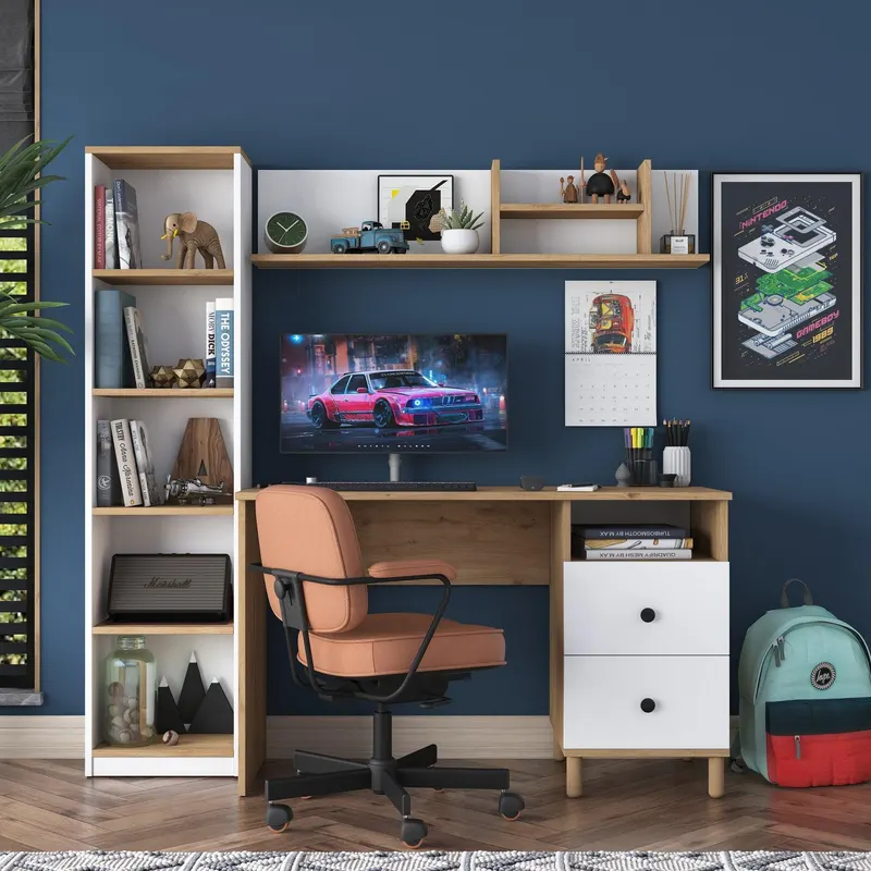 Birou cu Biblioteca Nili 7 rafturi si cu Sertare, Antracit de nuc, Nuc Alb, 120x50x161.8 cm - Nuc Alb