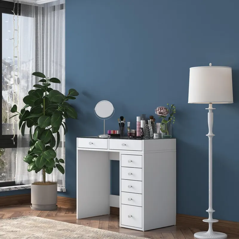 Masa De Machiaj Lux Inci cu 7 Sertare si Loc de Depozitare, Alb, 90x79x45 cm - Alb