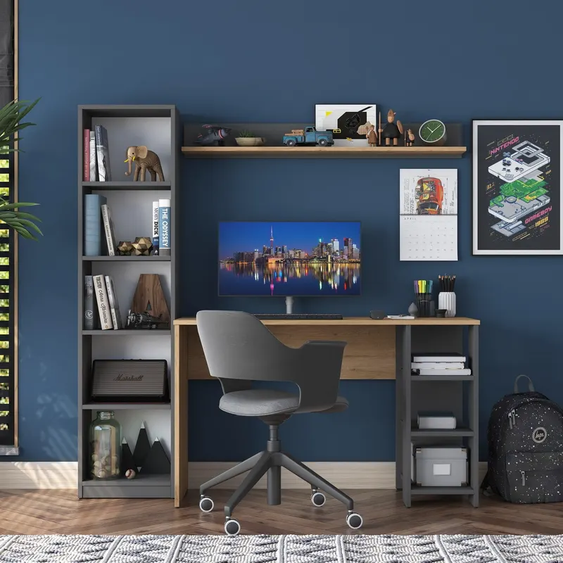 Birou cu Biblioteca Nic cu 9 Rafturi, Gri - Nuc, 120x45x73.8 cm - Nuc