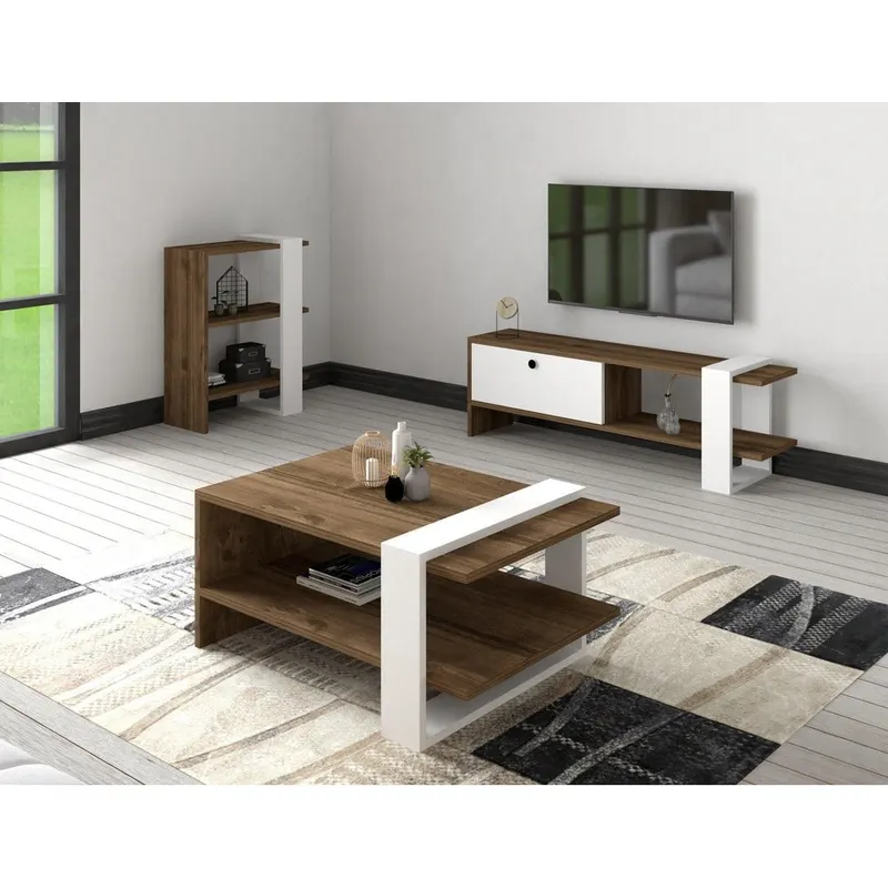 Set Mobila Sufragerie Paye, Nuc, Comoda Tv - Biblioteca - Masuta de Cafea, 120x25x36.8 cm - Nuc