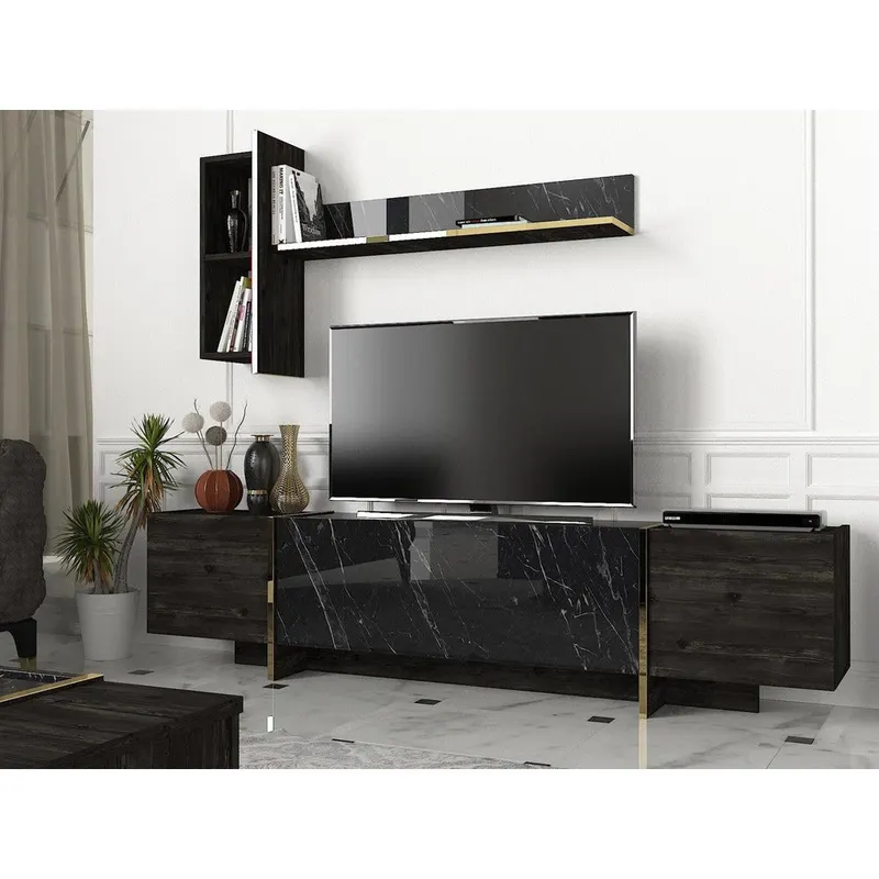 Comoda Tv Harlequin cu 3 Compartimente, Negru, 180x45x33 cm - Negru