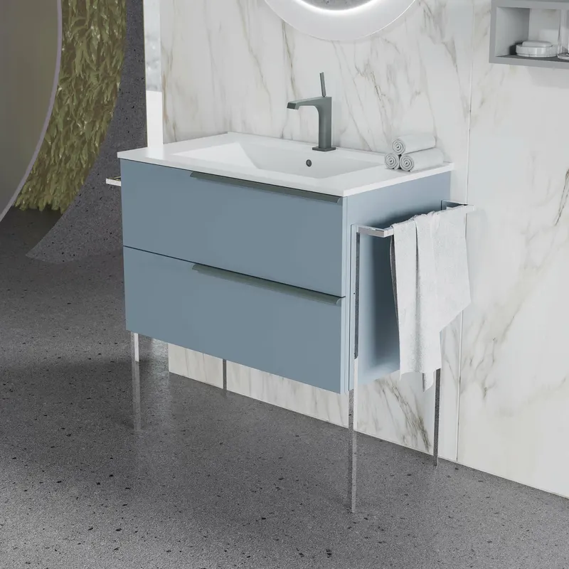 Set mobilier, baza suspendata cu 2 sertare si lavoar ceramic, 81 cm, albastru pastel mat, Oikos