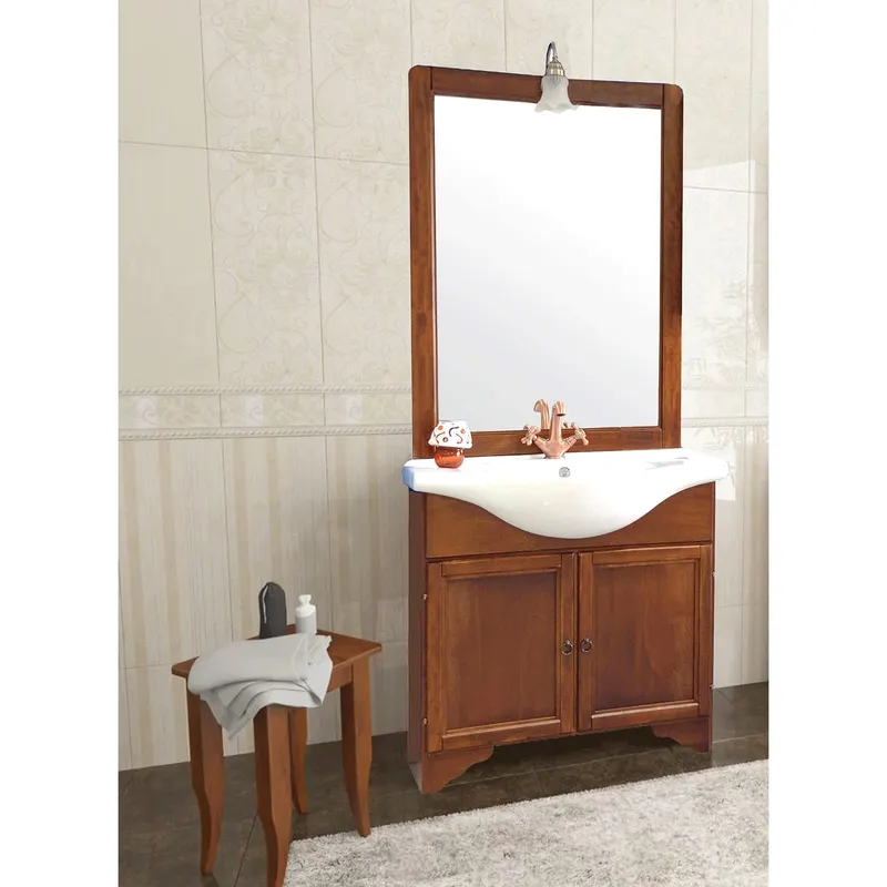 Baza cu 2 usi, lavoar ceramic cm. 86 si oglinda cu iluminare noce