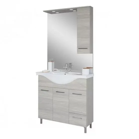 Baza cu 3 usi, 1 sertar, lavoar ceramic cm. 85 si oglinda cu dulapior, rovere grigio