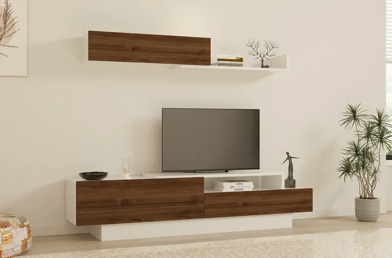 Set Mobilier Living Comoda si Polita Elda - White, Walnut