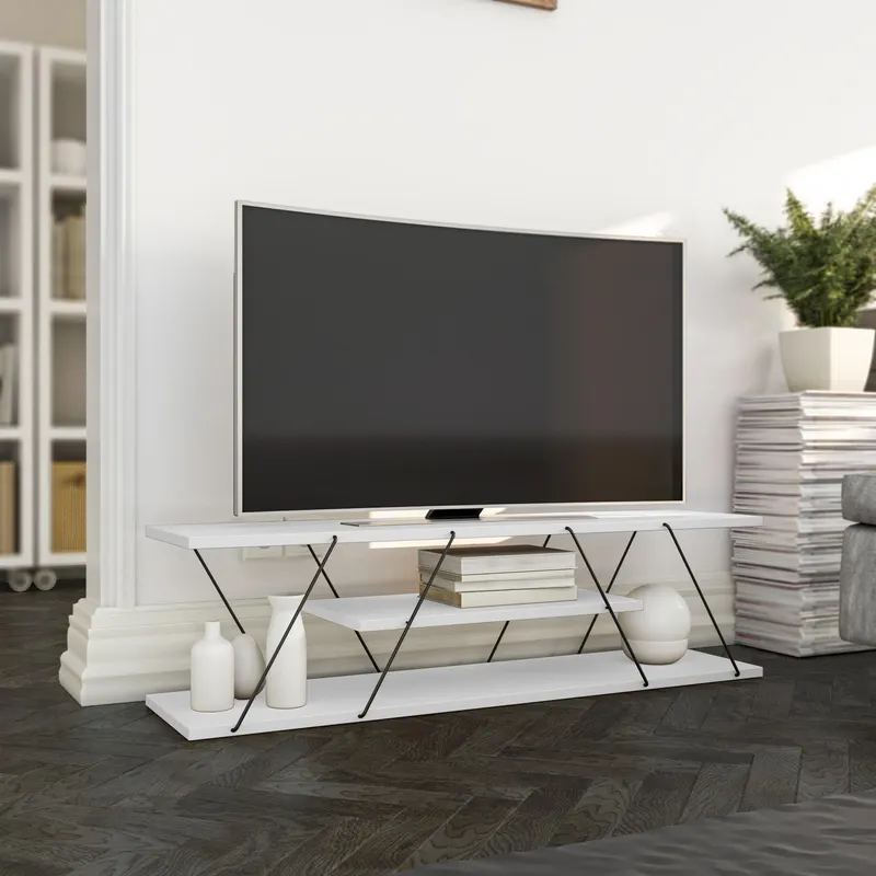 Comoda Tv Alparslan cu Raft, Alb - Gri, 120x33x33 cm - Alb