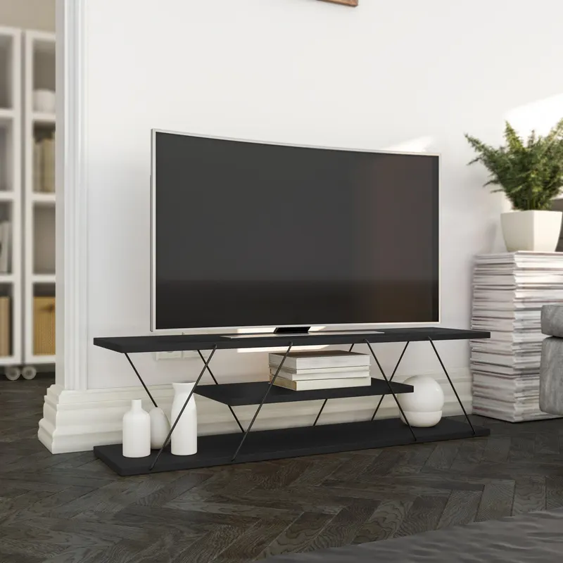 Comoda Tv Alparslan cu Raft, Alb - Gri, 120x33x33 cm - Gri