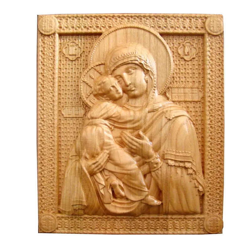 Icoana sculptata Maica Domnului, sculptura in lemn masiv, cires salbatic, 22x18.5 cm