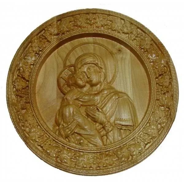Icoana sculptata Maica Domnului, rama circulara, Lemn, 19,5 cm