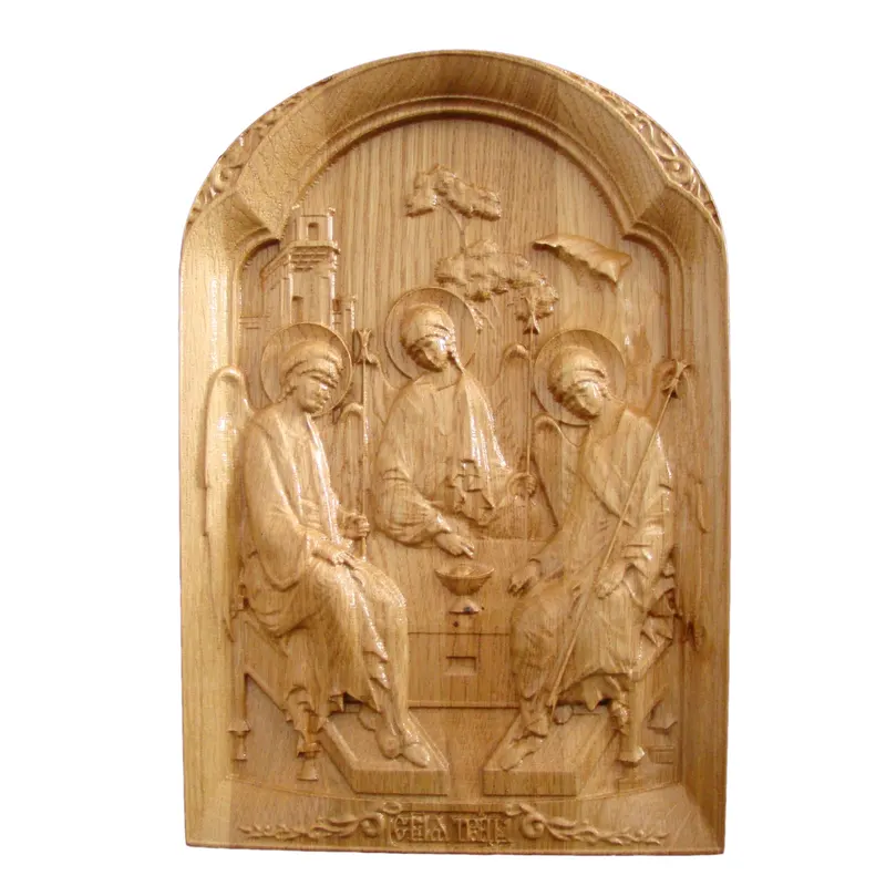 Icoana sculptata cu reprezentarea Sfintei Treimi, lemn masiv, dimensiune 27x18.5 cm