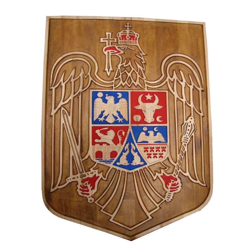 Noua stema a Romaniei, obligatorie de la 1 ianuarie 2019, sculptura in lemn masiv, 59x44.5 cm