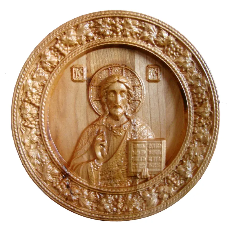 Icoana sculptata Iisus Hristos, rama circulara, Lemn, 19,5 cm