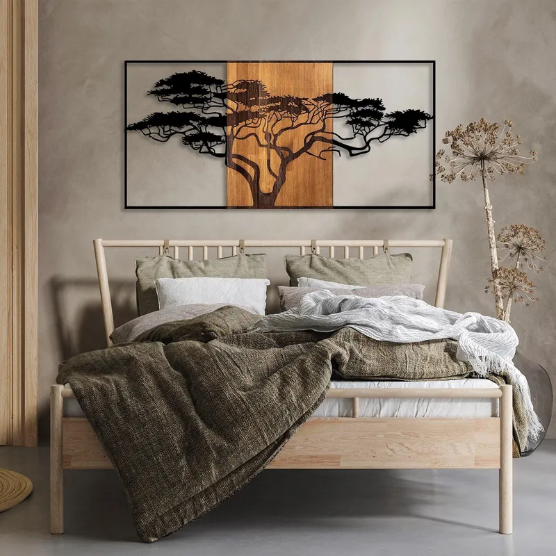 Decoratiune de Perete Lemn Acacia Tree, Negru, 70x147 cm - Negru