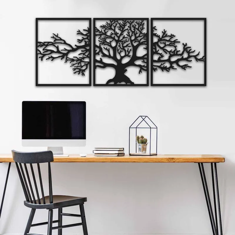 Decoratiune de perete Copacul Vietii, Metal, 3 Piese, Negru, 124x49x0.15 cm - Negru