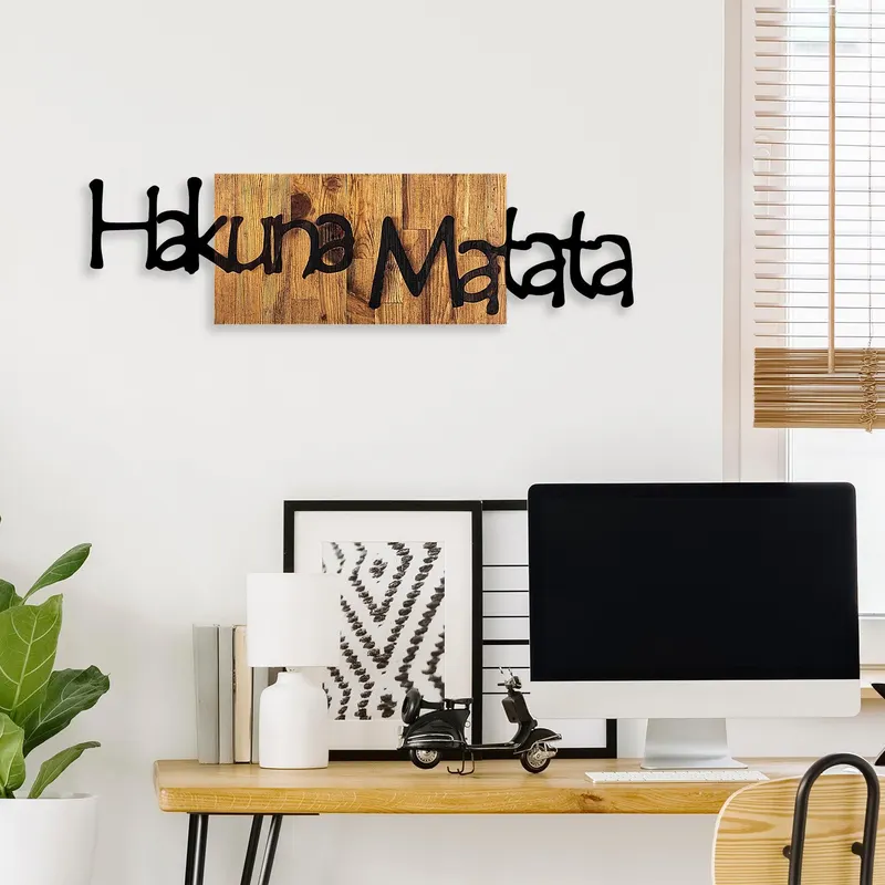Decoratiune de perete lemn Hakuna Matata 4, Negru, 30x108 cm - Negru