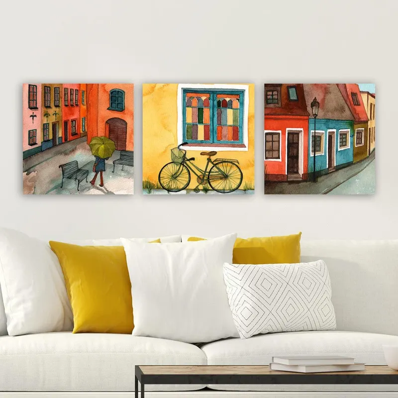 Tablou Canvas Strazi Sighisoara, 3 bucăți, Multicolor, 30x90 cm - Multicolor