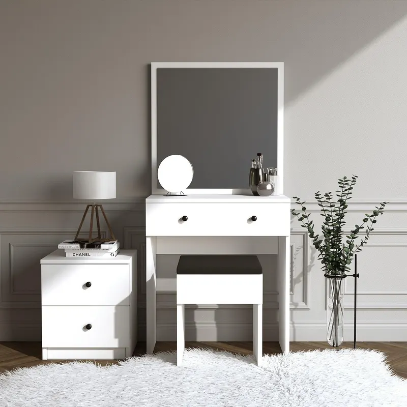 Masa de toaleta / machiaj Nice cu oglinda, taburet si comoda, Alb, 65x139x35 cm - Alb