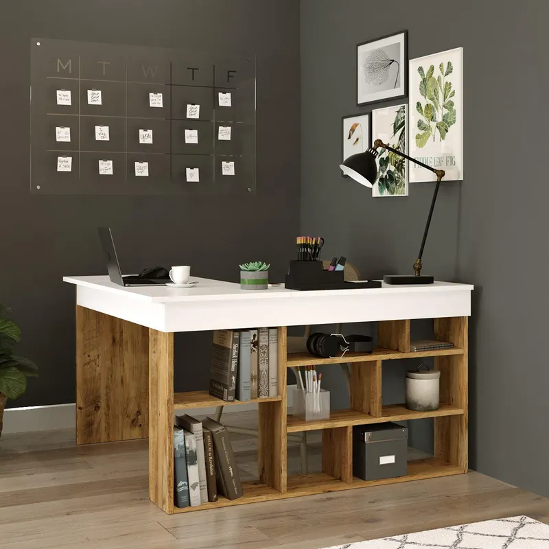 Birou Zellow Tip L cu Rafturi, 129x72x120 cm - Stejar