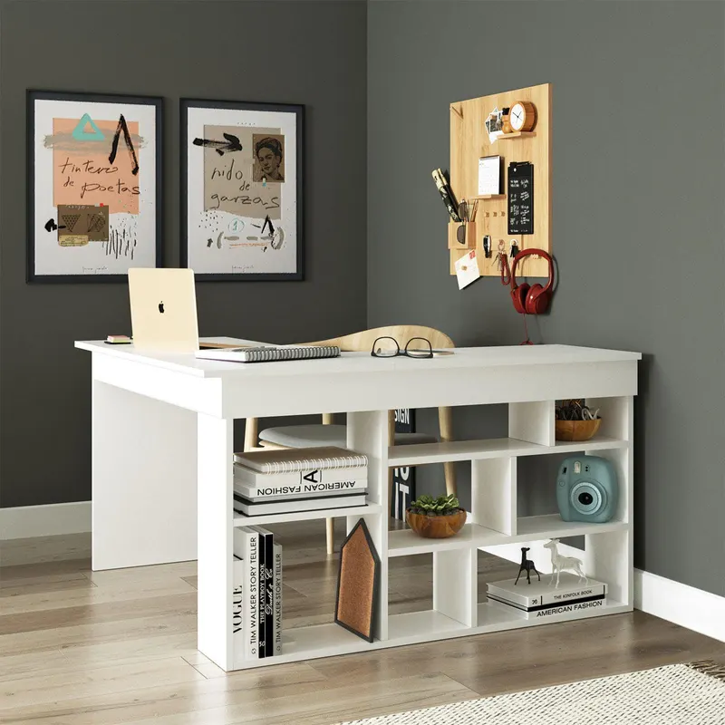 Birou Zellow Tip L cu Rafturi, 129x72x120 cm - Alb