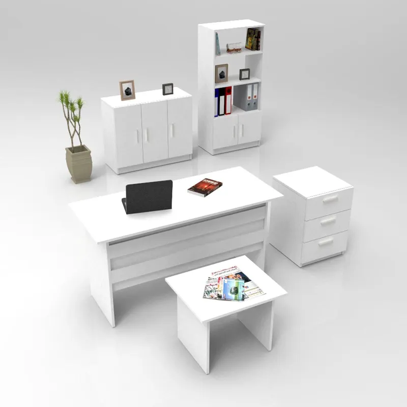 Set de mobilier de birou Barsto, Alb - Nuc - Stejar, 5 piese Elegante, 140x60x74 cm - Alb