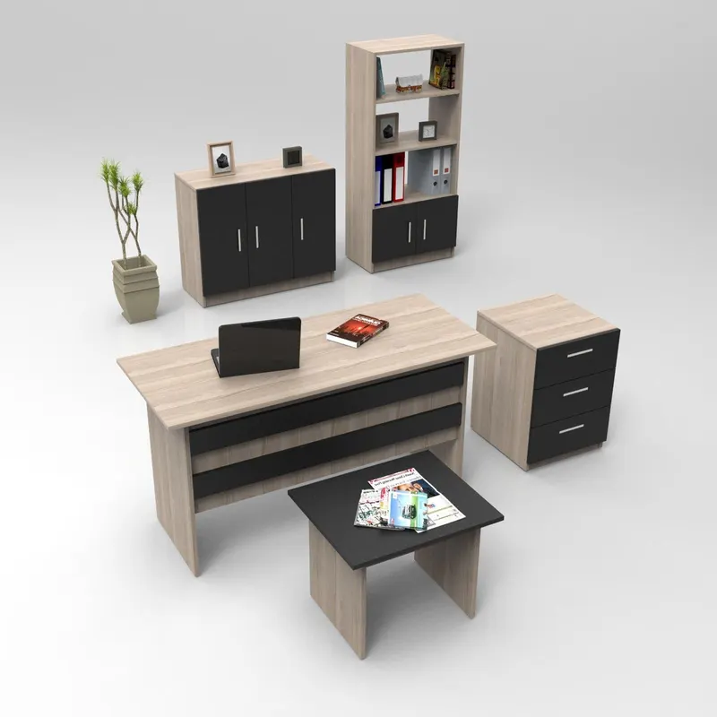 Set de mobilier de birou Barsto, Alb - Nuc - Stejar, 5 piese Elegante, 140x60x74 cm - Stejar