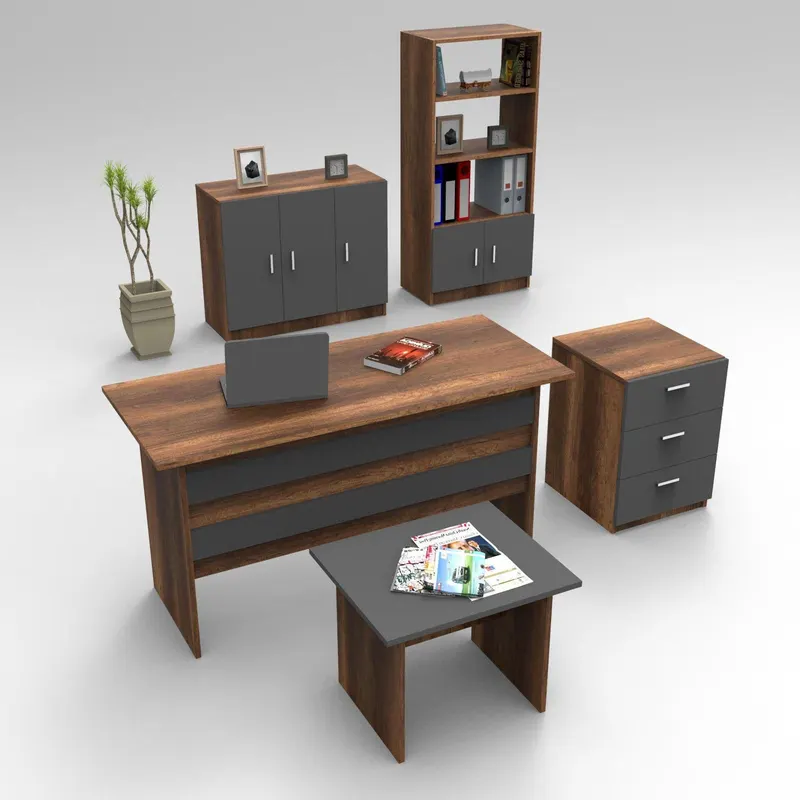 Set de mobilier de birou Barsto, Alb - Nuc - Stejar, 5 piese Elegante, 140x60x74 cm - Nuc