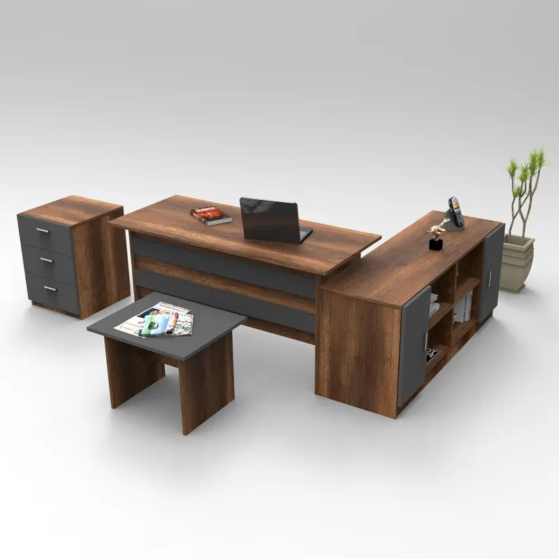Set de mobilier de birou Bexon, Nuc - Alb - Stejar, Birou - Comoda - Rollbox - Masuta, 140x60x74 cm - Nuc