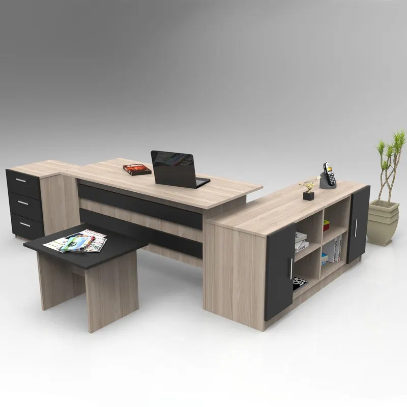 Set de mobilier de birou Bexon, Nuc - Alb - Stejar, Birou - Comoda - Rollbox - Masuta, 140x60x74 cm - Stejar