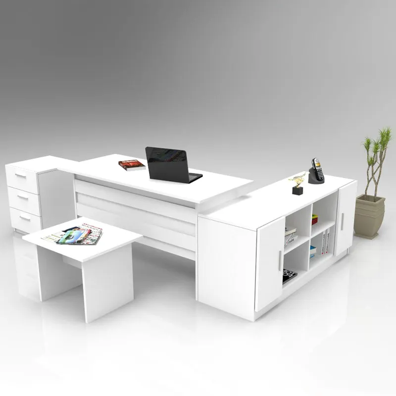 Set de mobilier de birou Bexon, Nuc - Alb - Stejar, Birou - Comoda - Rollbox - Masuta, 140x60x74 cm - Alb