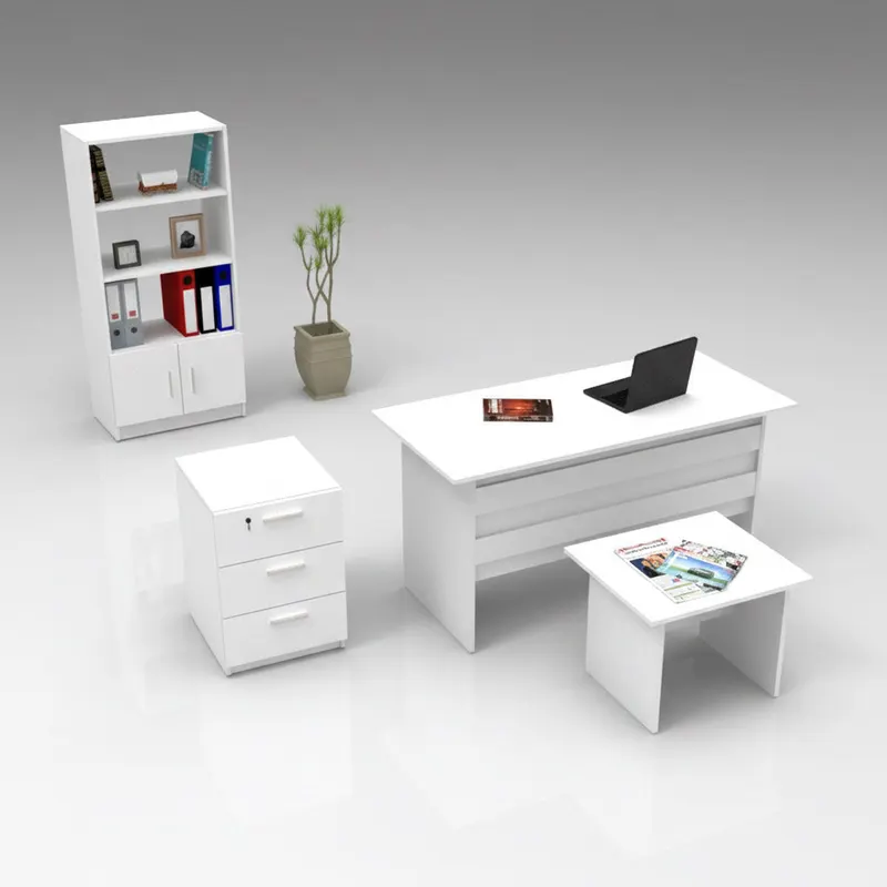 Set de mobilier de birou Clabber, Alb - Stejar - Nuc, 4 piese Biblioteca - Birou - Masa - Rollbox, 140x60x74 cm - Alb