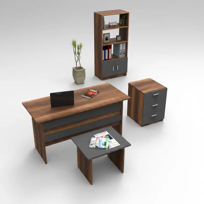 Set de mobilier de birou Clabber, Alb - Stejar - Nuc, 4 piese Biblioteca - Birou - Masa - Rollbox, 140x60x74 cm - Nuc