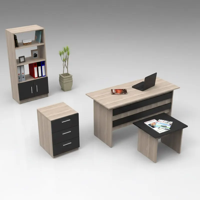 Set de mobilier de birou Clabber, Alb - Stejar - Nuc, 4 piese Biblioteca - Birou - Masa - Rollbox, 140x60x74 cm - Stejar