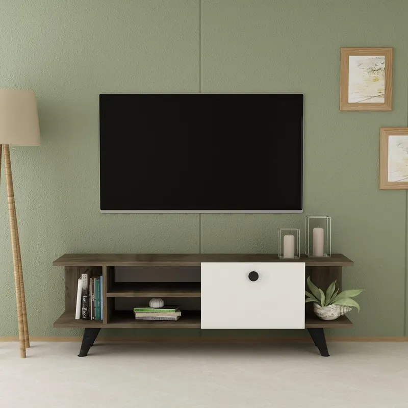 Comoda TV Fantery cu Rafturi si Usa, Nuc - Stejar, 120x45x30 cm - Nuc