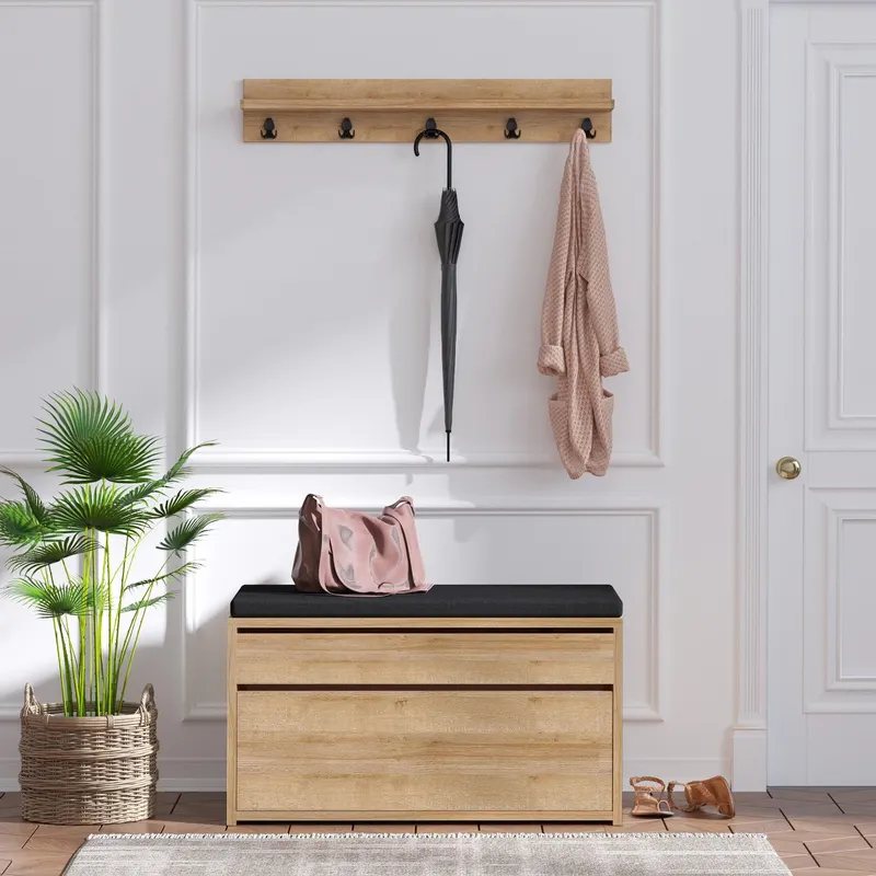 Cuier Boby cu bancuta pantofar, Stejar, 80x42x35 cm - Stejar