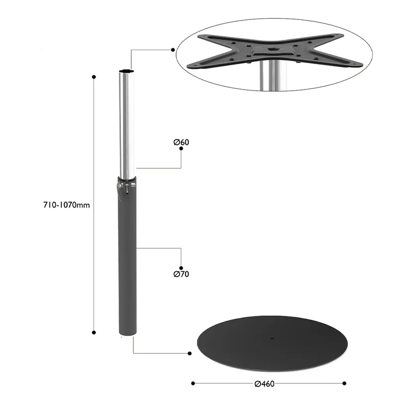 Picior de masă, cu postament Ø 460 mm, metal, negru, Ø 60-70 mm, H 750-1100 mm