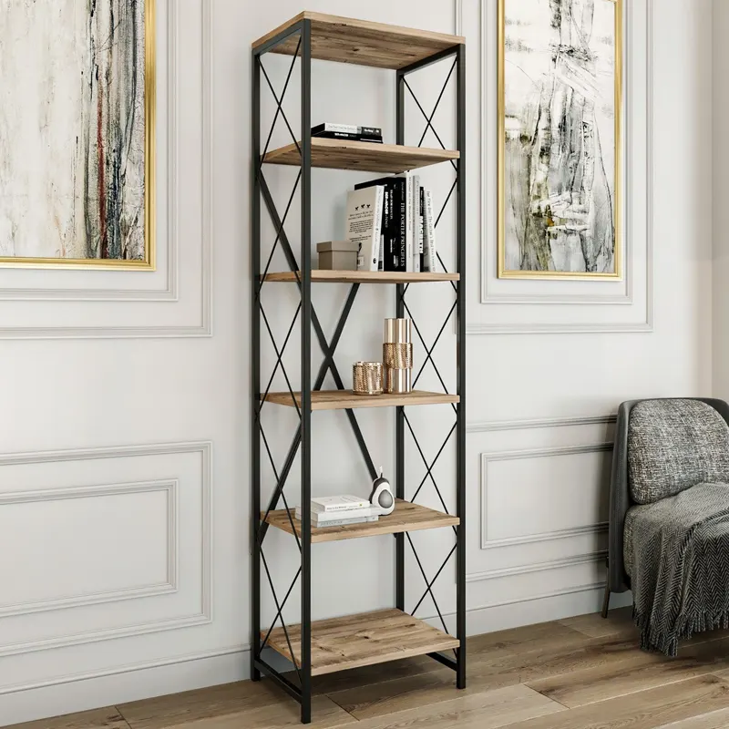 Biblioteca Suadiye cu 6 Rafturi cadru Metalic, Stejar, 50x30x180 cm - Stejar