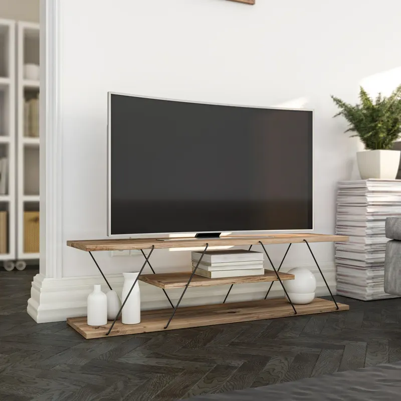 Comoda TV Canaz Negru-Walnut, Stejar - Galben, 120x33x33 cm - Stejar