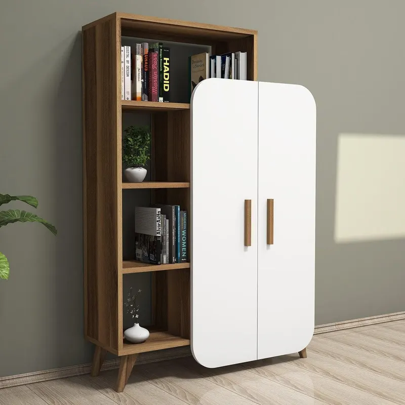 Biblioteca Form cu raft si Usa, Stil Scandinav, Maro - Alb, 90x132x32 cm - Maro