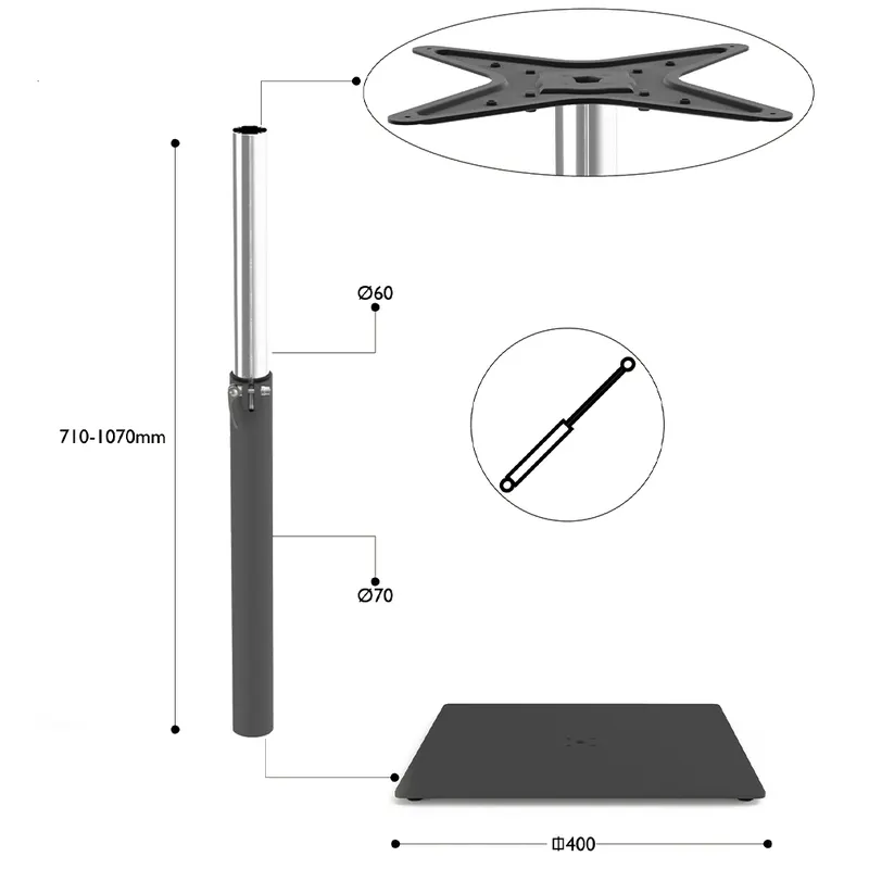 Picior de masă ajustabil, cu postament 460 x 460 mm, metal, negru, Ø 60-70 mm, H 750-1100 mm
