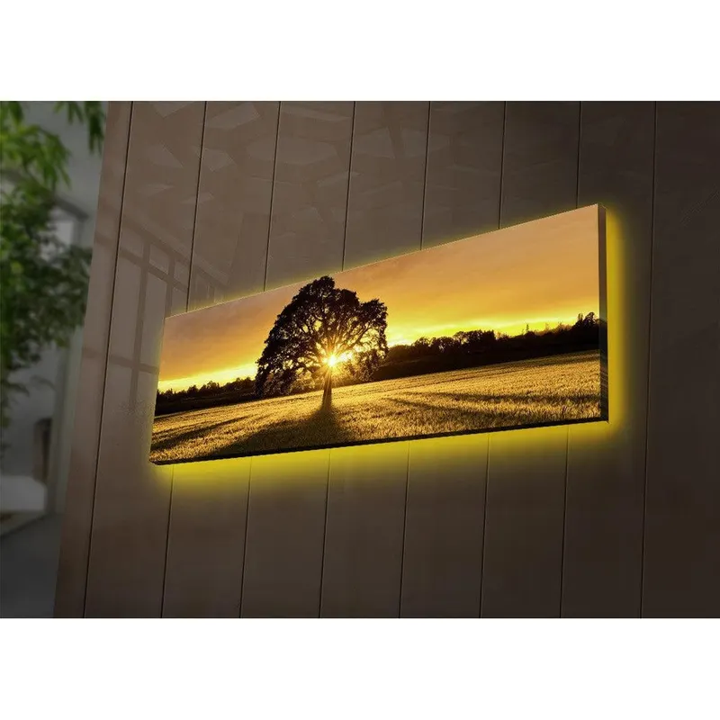 Tablou Canvas cu Led Rasaritul Soarelui fara Priza, Galben, 90x30 cm - Galben