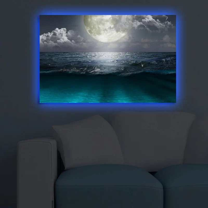Tablou Canvas cu Led Moon fara Priza, Multicolor, 70x45 cm - Multicolor
