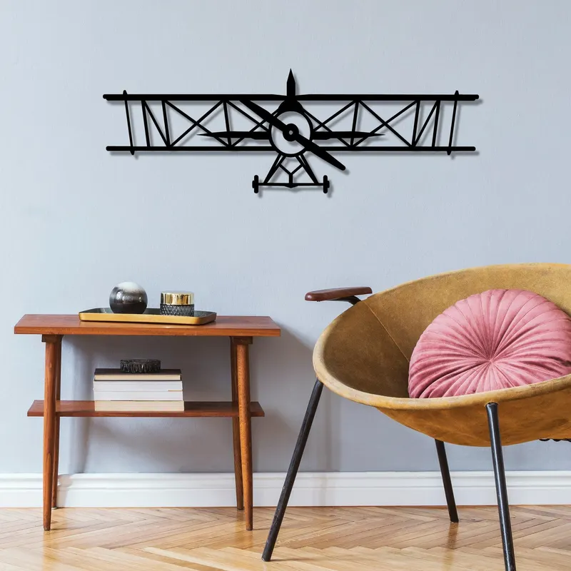 Decoratiune de perete Metal Avion, Negru, 23x70 cm - Negru