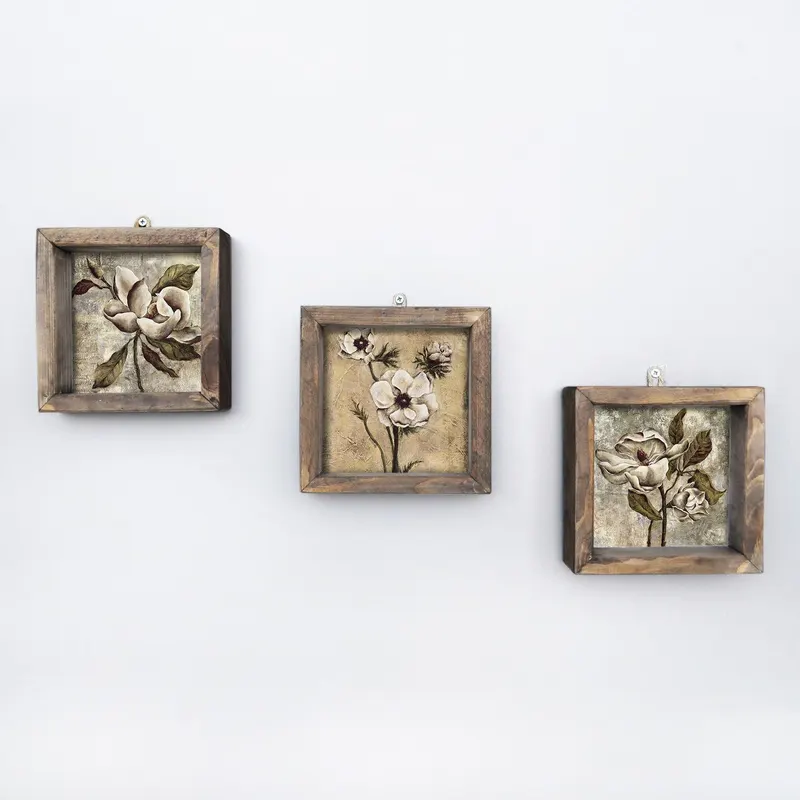 Tablou MDF cu rame Flori Uscate, 3 bucăți, Multicolor, 15x15 cm - Multicolor