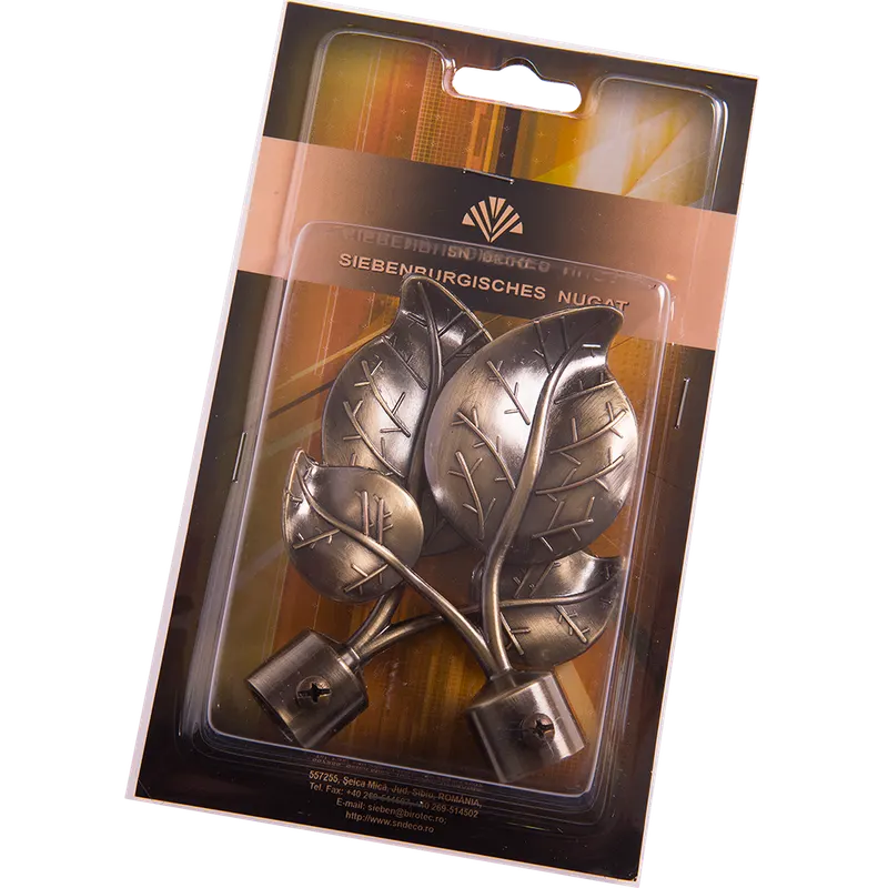 Set 2 capete pentru galerie metal forjat frunza auriu antic, diametru 16 mm