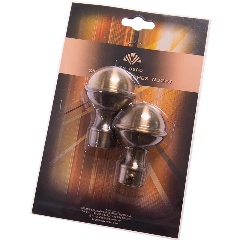 Set 2 capete pentru galerie metal forjat kugel auriu antic, diametru 20 mm