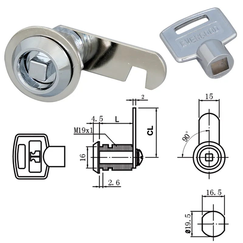 Incuietoare cu cama pentru usi metalice, cheie patrata, otel cromat
