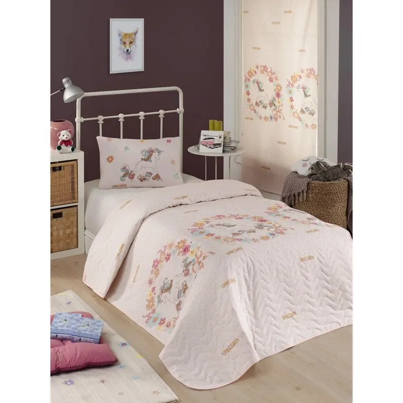 Set cuvertura matlasata single , Roz, 220x160 cm - Roz