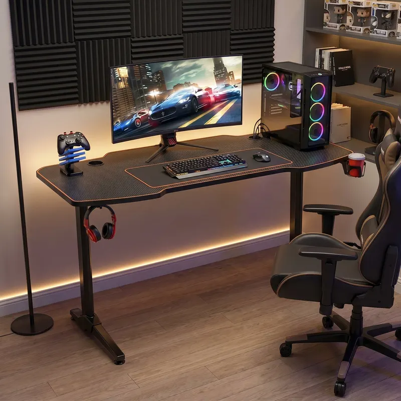 Birou Gaming RGT146X Home Collection® Carbon Series X9, suprafata carbon, mousepad, USB gamepad holder, suport pentru casti si pahar, cutie cabluri, 140x66x75 cm - Negru