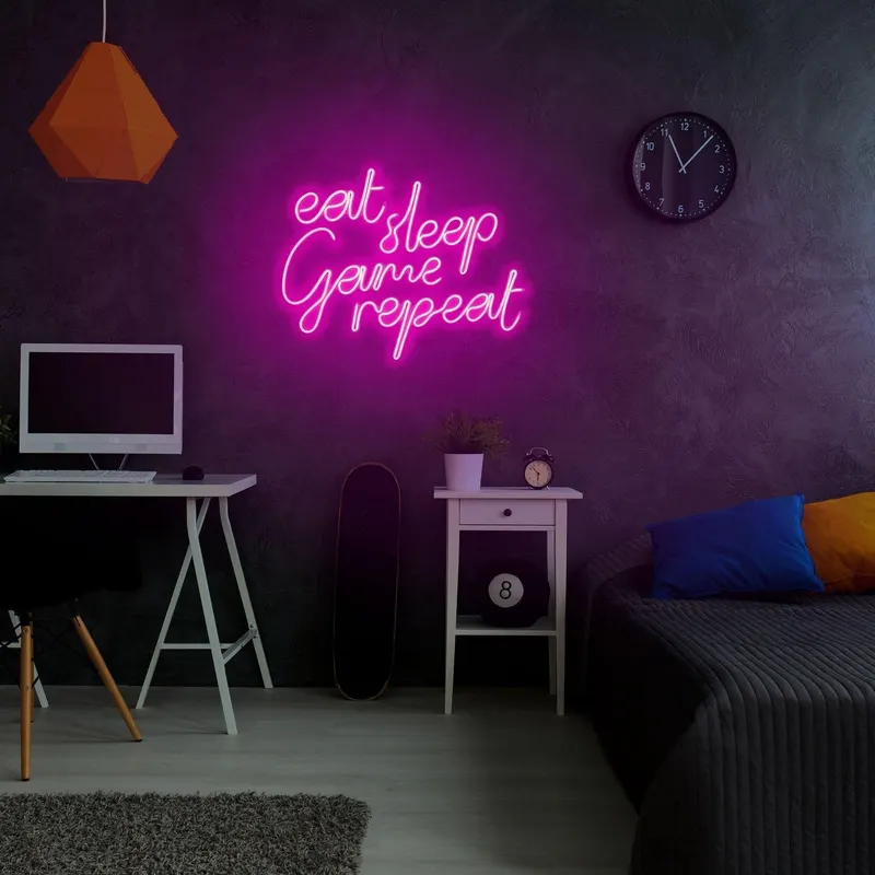 Aplica de Perete Neon eat sleep game repeat, 51x40 cm - Roz